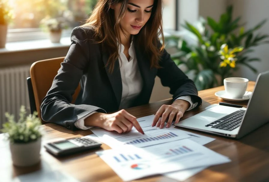 Zakenvrouw bekijkt financiële documenten aan bureau met laptop, calculator en budgetspreadsheets in kantoor