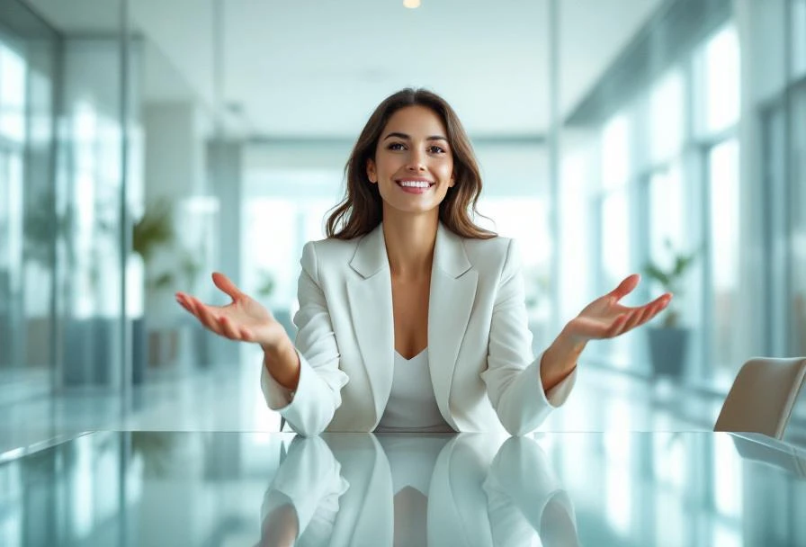 Zelfverzekerde zakenvrouw in wit jasje gebaart uitnodigend aan glazen vergadertafel in licht modern kantoor