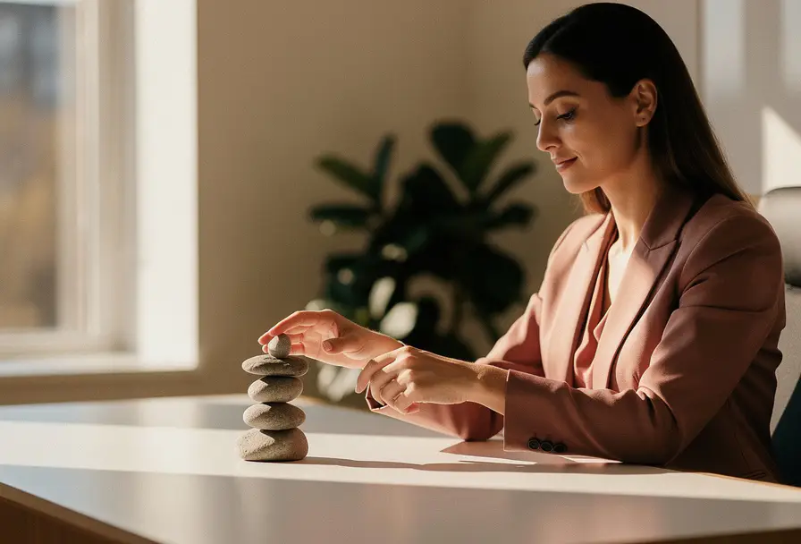 Vrouw in maatpak blazer balanceert een gladde steen op een gestapelde toren op een wit eikenhouten bureau, warm middaglicht.