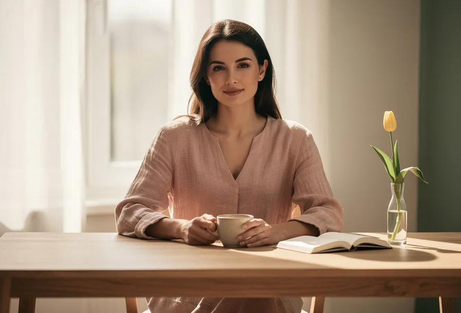 Zelfverzekerde vrouw aan licht eiken bureau met keramische koffiekop, opengeslagen dagboek en tulp in zacht natuurlijk daglicht.