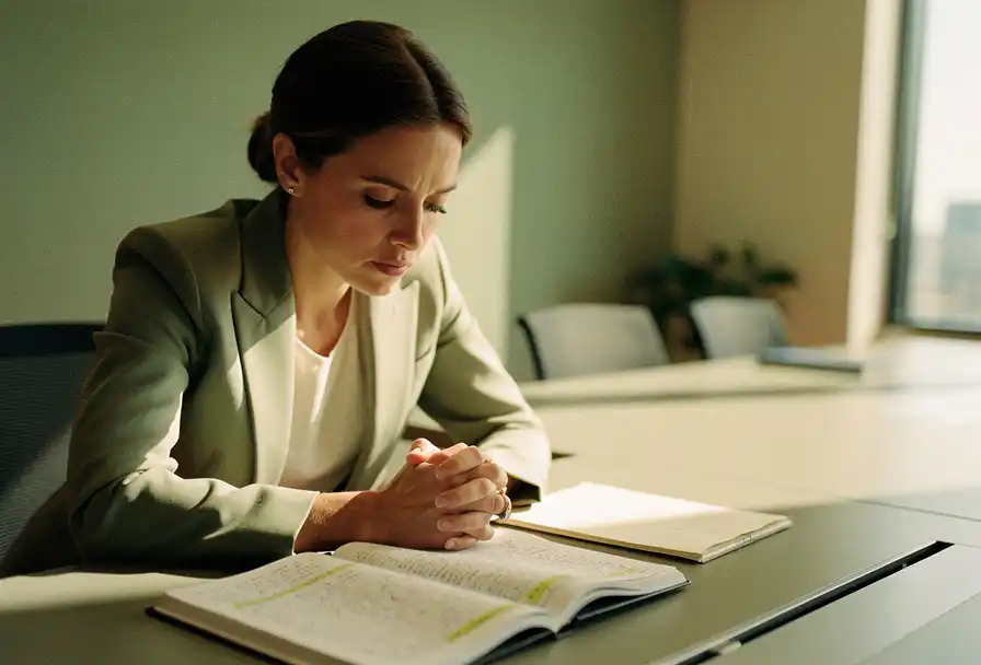 Professionele vrouw in blazer aan vergadertafel, gebogen houding en gevouwen handen, blik neergeslagen ondanks vol notitieboek.