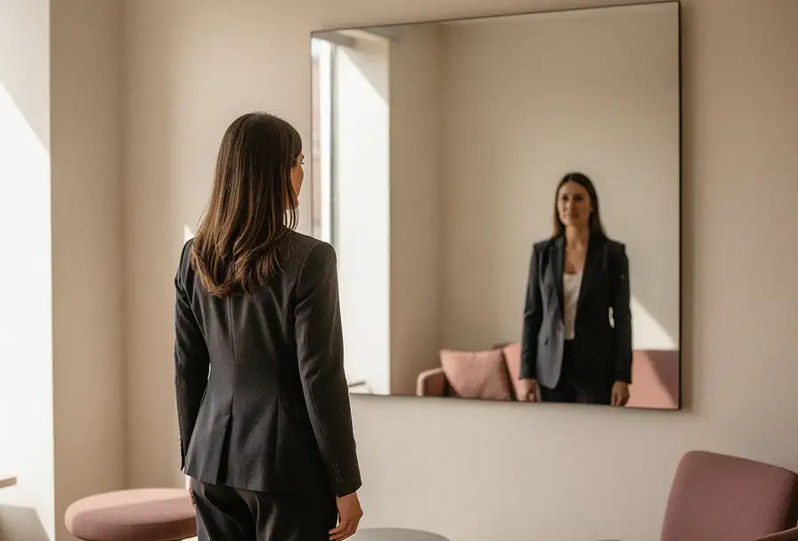 Zelfverzekerde vrouw in blazer voor grote spiegel, waarvan de reflectie kleiner en vager lijkt, in een moderne minimalistische ruimte met warm natuurlijk licht.