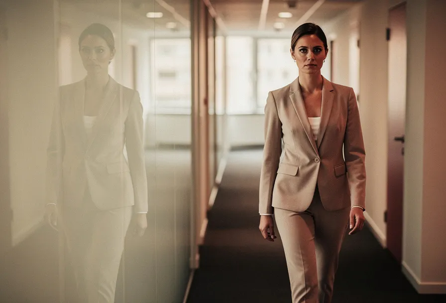 Zelfverzekerde vrouw in blazer loopt door modern kantoor, haar kleinere, onzekere spiegeling zichtbaar in glazen wand.