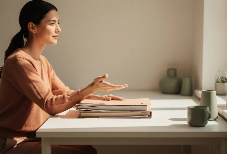 Vrouw aan wit bureau schuift stapel mappen kalm opzij, symboliseert grenzen stellen op het werk, warm natuurlijk licht.