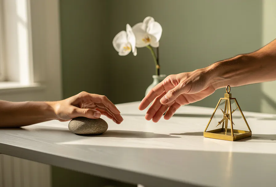 Twee handen reiken naar elkaar over een wit eiken bureau met een steen en messing kompas, symbool voor complementair leiderschap.