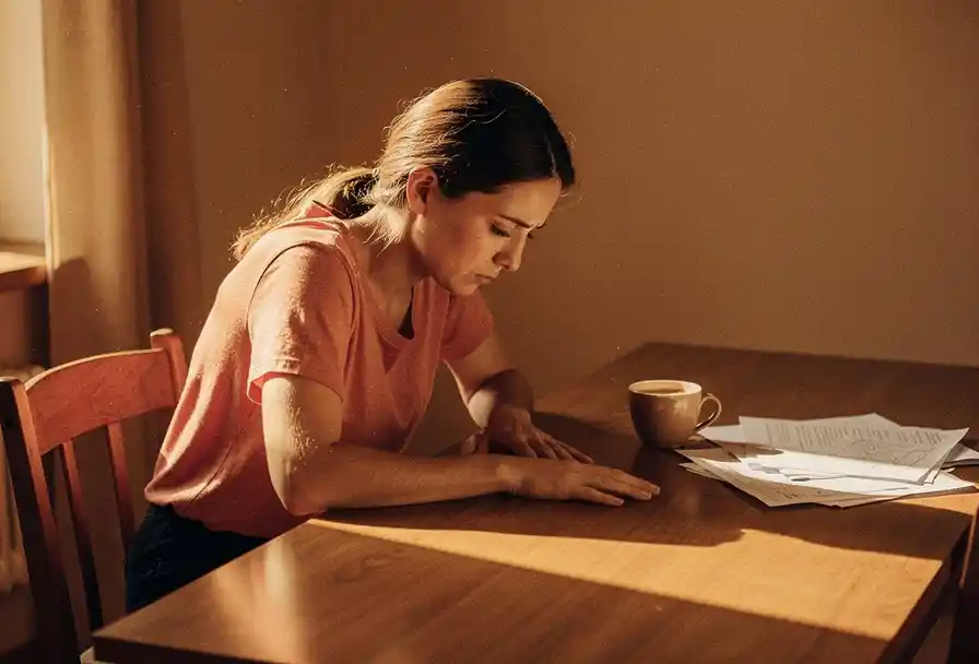 Vermoeide vrouw aan houten bureau met gebogen hoofd, gespannen schouders, koffiekop en verspreide papieren in warm amberkleurig licht.