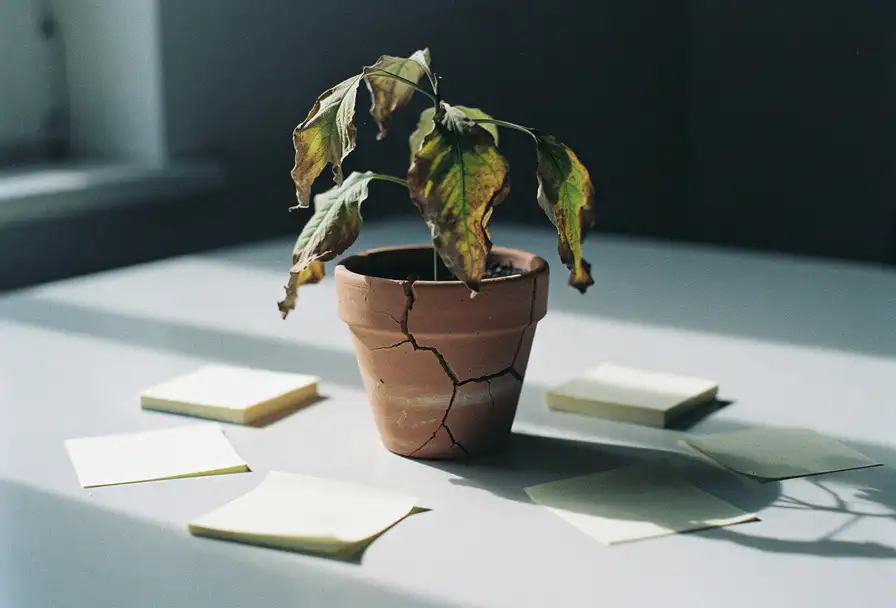 Verwelkte plant in gebarsten terracotta pot op wit bureau, omringd door vergeten sticky notes in zacht daglicht.