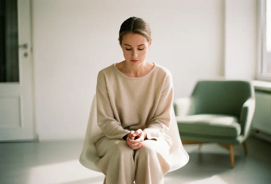 Vrouw zit alleen op witte stoel met gebogen schouders en neergeslagen blik, zacht natuurlijk raamlicht verlicht haar gezicht.