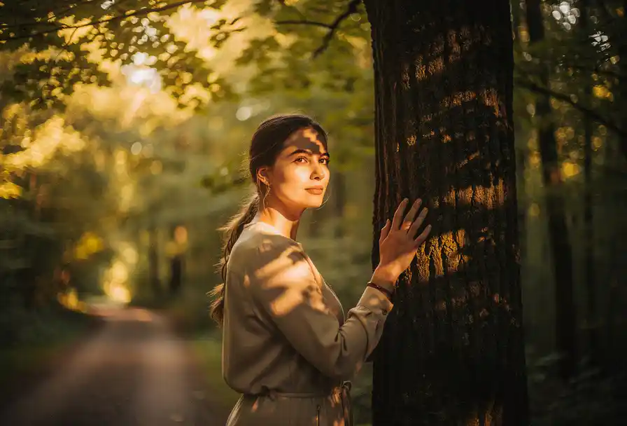 Zelfverzekerde vrouw bij bospad in gouden avondlicht, hand rustend op eikenboom, omgeven door warme amber- en groentinten.
