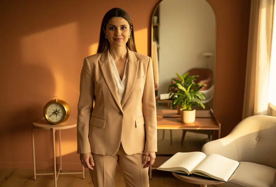 Vrouw in getailleerd blazer in moderne coachingstudio, omringd door kompas, dagboek, plant en spiegel in warm terracotta licht.