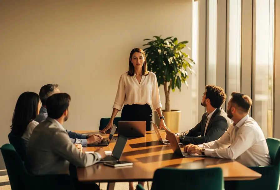 Zelfverzekerde vrouw leidt een vergadering in een lichte boardroom, collega's luisteren aandachtig, warme natuurlijke belichting.