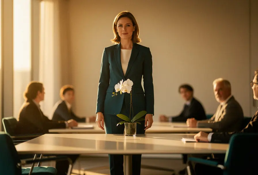 Zelfverzekerde vrouw aan het hoofd van een vergadertafel in warm middaglicht, met een witte orchidee en collega's op de achtergrond.