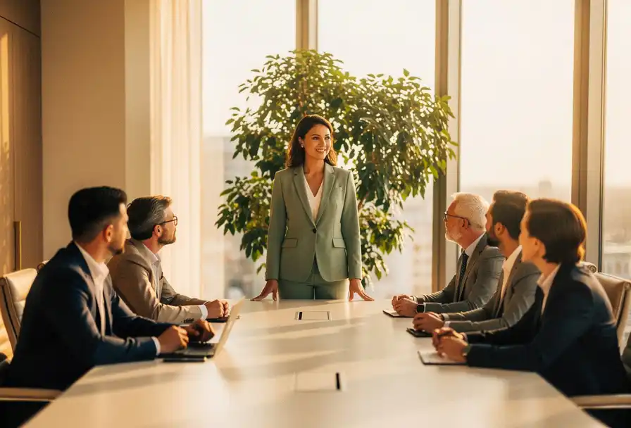 Zelfverzekerde vrouw leidt vergadering aan zonlicht boardroomtafel, collega's luisteren aandachtig in warme, groene omgeving.