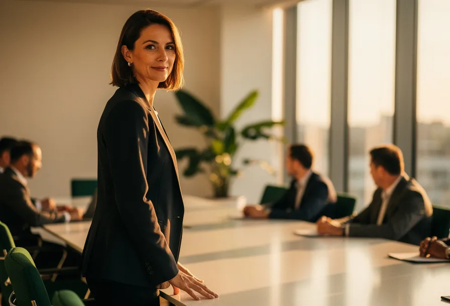 Zelfverzekerde vrouw aan het hoofd van een vergadertafel in een zonnige boardroom, collega's zichtbaar op de achtergrond.