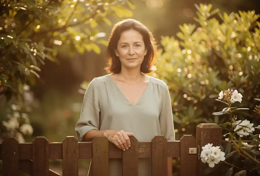 Vrouw bij houten tuinpoort in zonnige tuin, omgeven door weelderig groen en warm middaglicht.