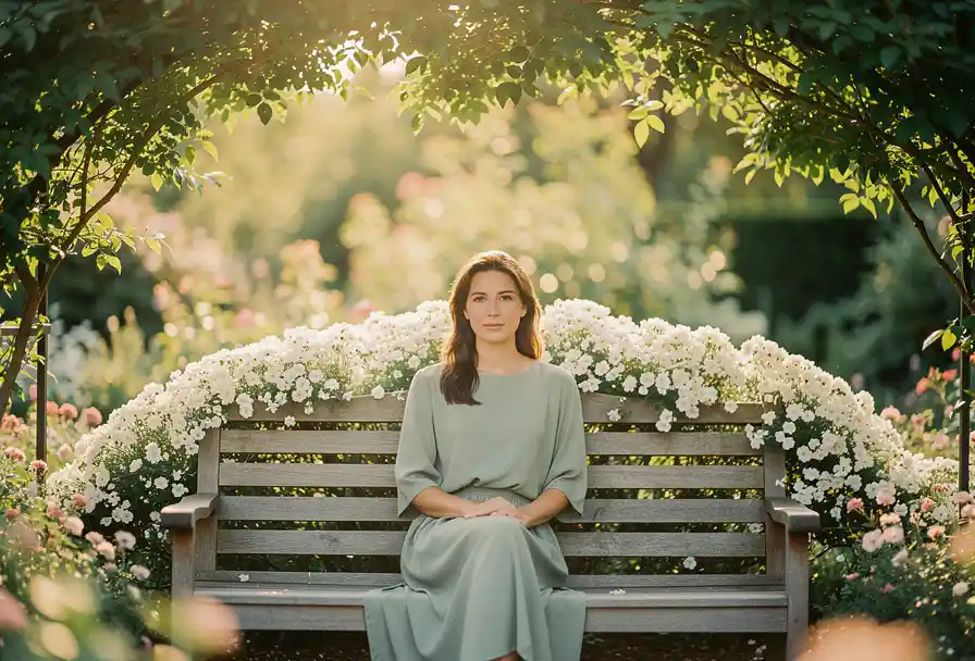 Vrouw zit rustig alleen op houten tuinbank, omringd door bloeiende witte bloemen in warm middagzonlicht.
