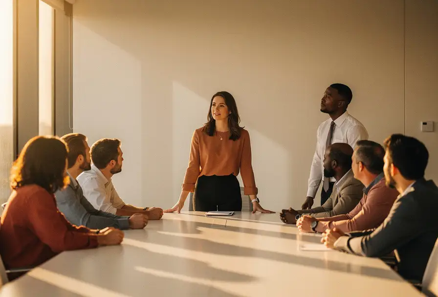 Zelfverzekerde vrouw leidt een vergadering aan een zonnige tafel, collega's luisteren aandachtig in warm, natuurlijk licht.