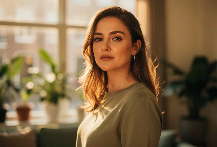 Zelfverzekerde vrouw in zonlicht in modern Amsterdams interieur met grote ramen en groene planten op de achtergrond.