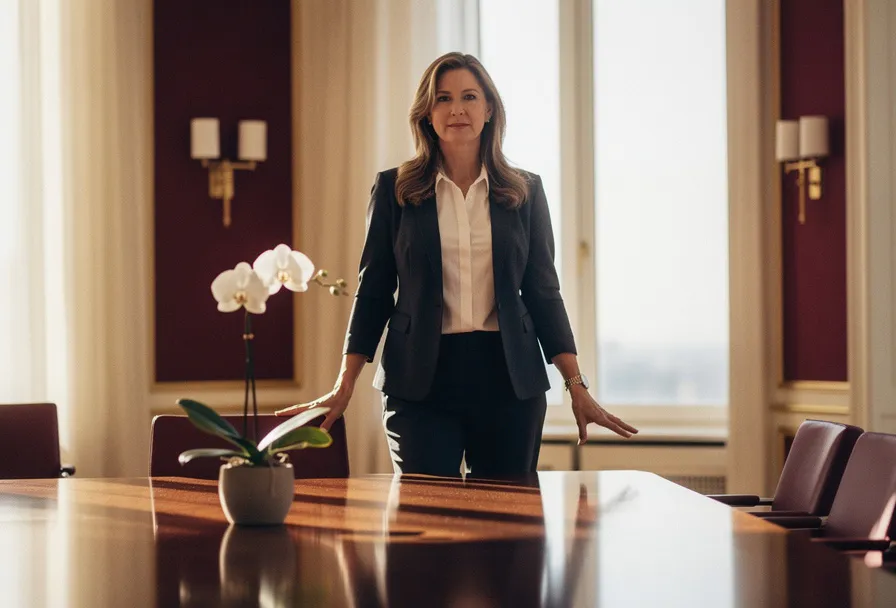Zelfverzekerde vrouw aan het hoofd van een vergadertafel in een zonnige boardroom met vloer-tot-plafond ramen en een bloeiende orchidee.