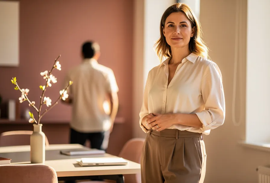 Zelfverzekerde vrouw met open lichaamshouding in modern kantoor, gouden middaglicht, bloeiende tak op bureau symboliseert veerkracht.