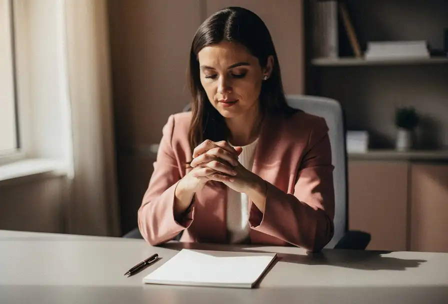 Professionele vrouw aan modern bureau met gevouwen handen en neergeslagen blik, leeg notitieboek voor haar, zacht natuurlijk licht.