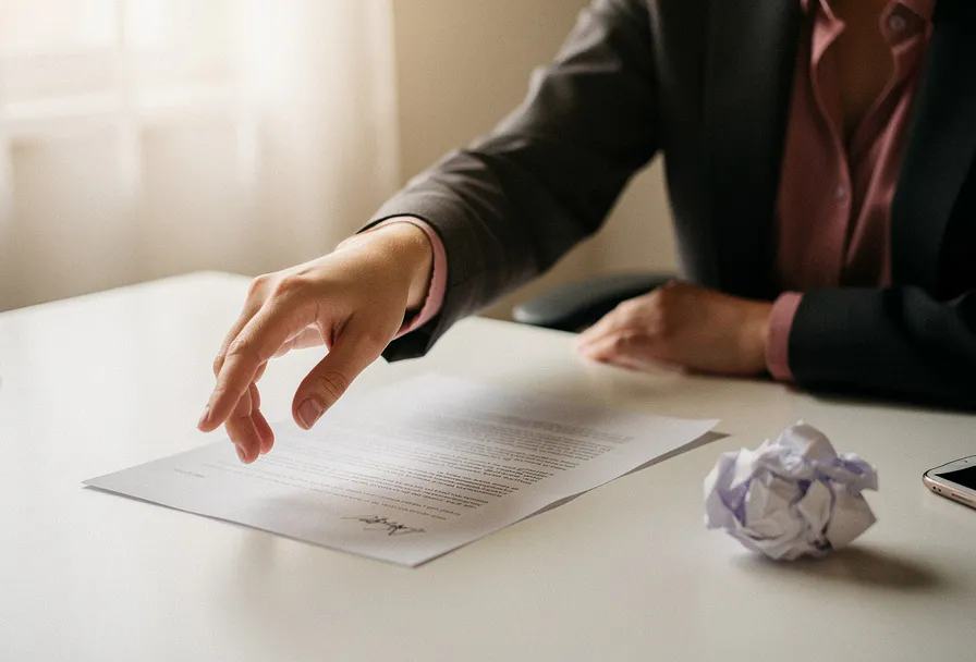 Vrouw aarzelt met hand boven bijna voltooid document op wit bureau, verfrommeld papier ernaast, zacht natuurlijk raamlicht.