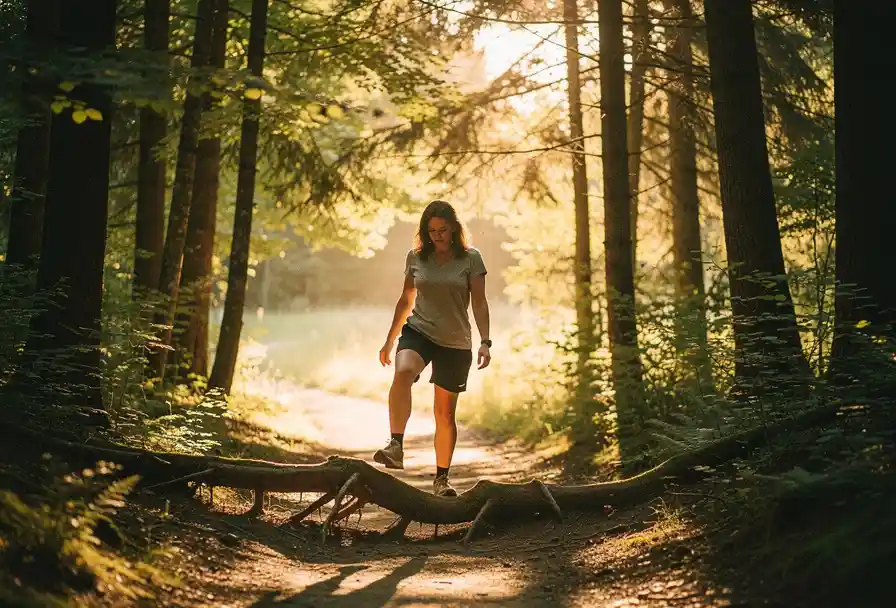 Vrouw stapt over een dikke boomwortel op een zonnig bospad, omgeven door hoge bomen en warm gouden licht.