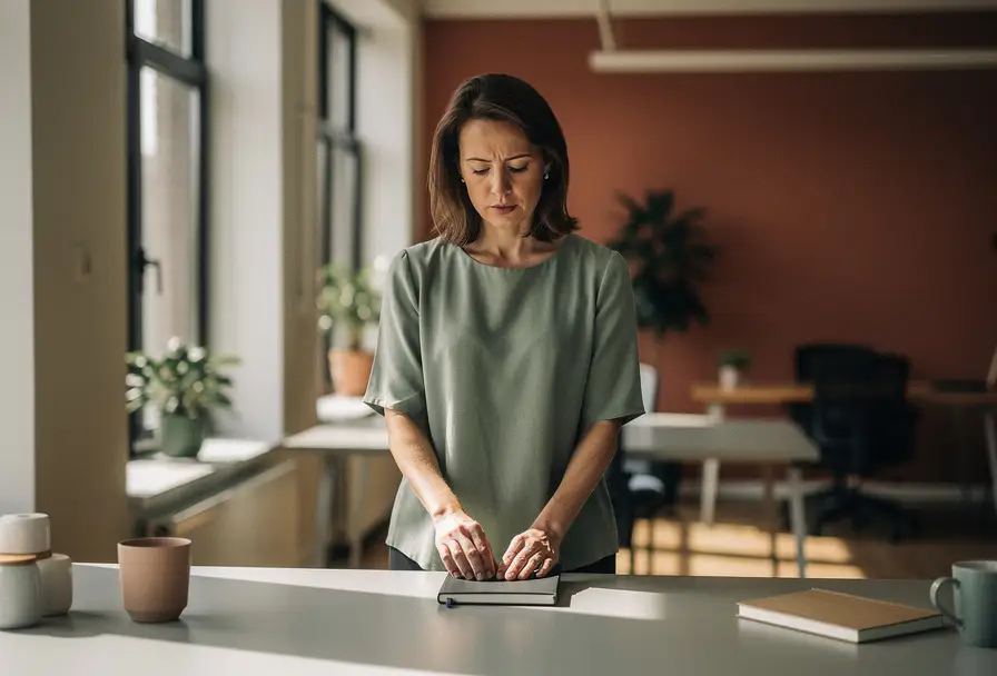 Vrouw aan modern bureau in Amsterdams kantoor, handen op gesloten notitieboek, nadenkende blik in warm natuurlijk licht.