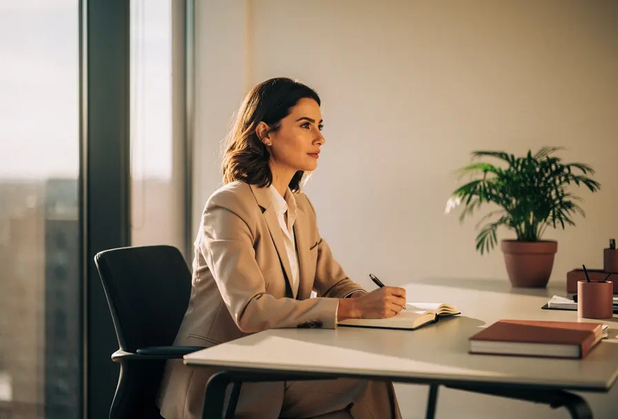 Vrouw aan modern bureau met open dagboek, rustige blik en zacht middaglicht door groot raam, warme ivoor- en rozetinten.