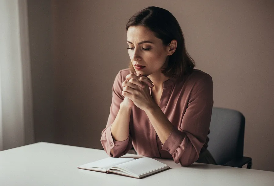 Vrouw aan wit bureau met gespannen schouders en gevouwen handen, starend naar een gesloten notitieboek in zacht natuurlijk licht.