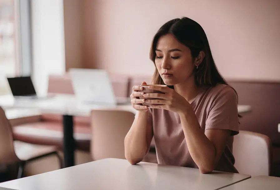 Vrouw aan cafétafel met handen om warme koffiekop, in gedachten verzonken bij zacht raamlicht in warme ivoor- en rozetinten.