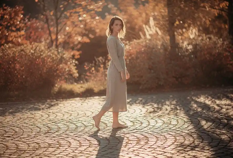 Vrouw die pauzeert op een zonnig kasseienpad, omgeven door herfstkleuren en warme gouden uurlicht met lange schaduwen.