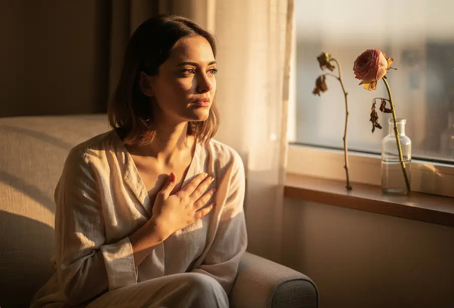 Vrouw bij zonnig raam met hand op borst, kwetsbare uitdrukking, verwelkte en bloeiende bloem op vensterbank, warm amberkleurig middaglicht.