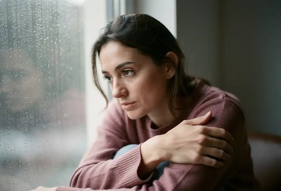 Vrouw zit alleen bij een regenachtig raam, armen om zichzelf geslagen, met een contemplatieve blik in zacht natuurlijk licht.