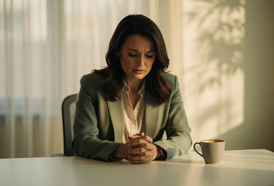 Vrouw aan wit bureau met gevouwen handen en neergeslagen blik, onaaangeroerd kopje koffie naast haar, zacht ochtendlicht.