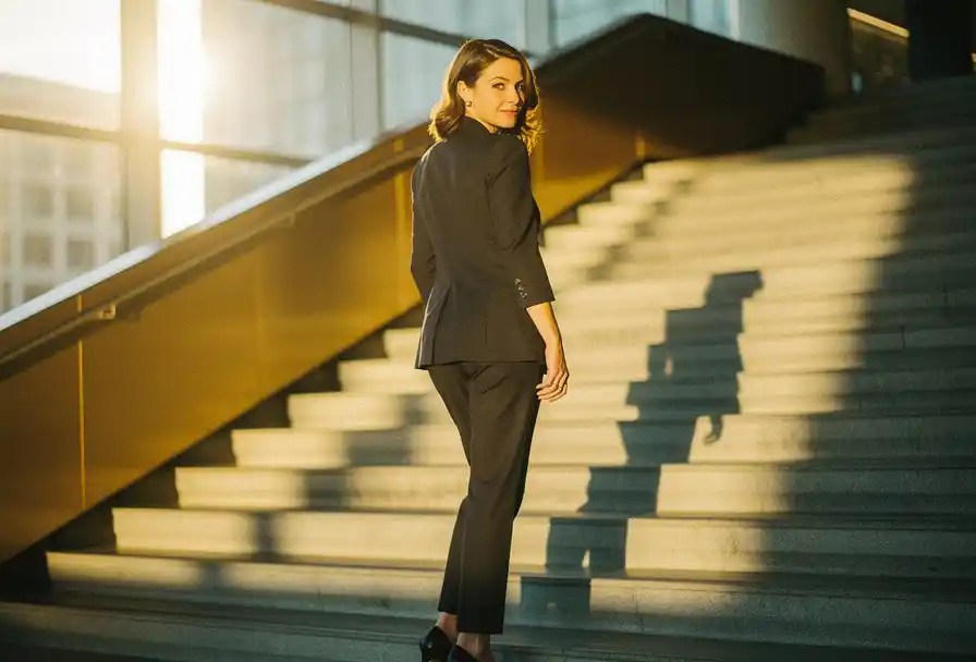 Zelfverzekerde vrouw in elegante kleding op een zonnige trap, terugkijkend naar haar schaduw in warm gouden licht.