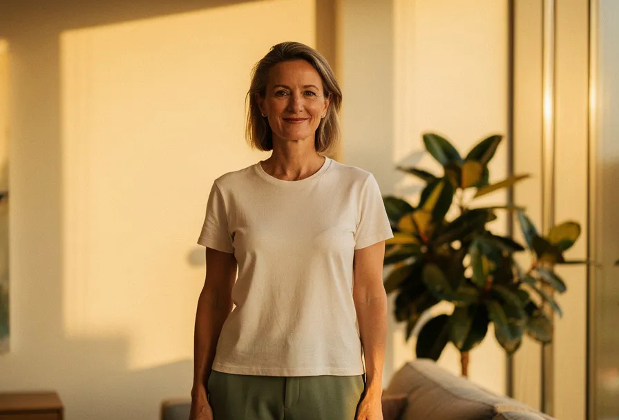 Zelfverzekerde vrouw in zonnig modern interieur met gouden licht, groen plant op achtergrond, rustige glimlach en ontspannen houding.
