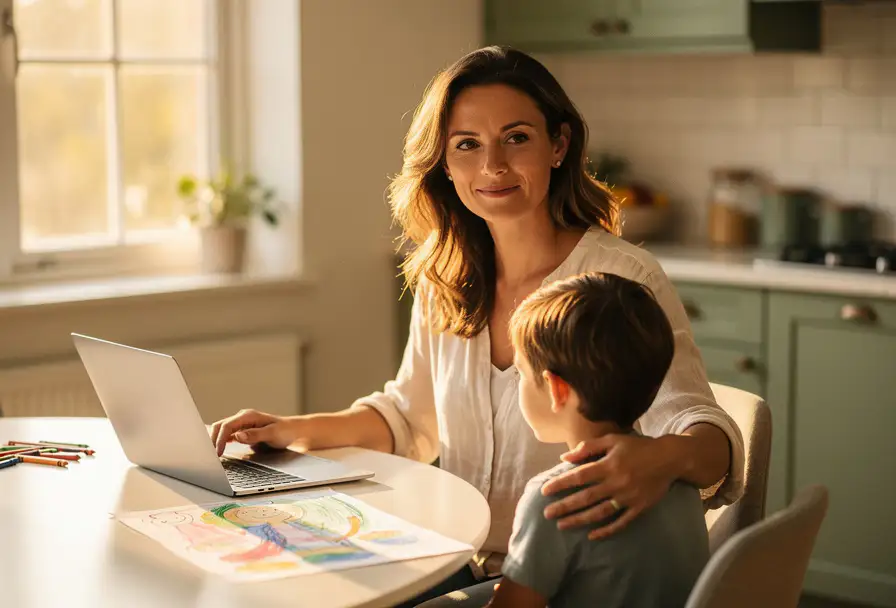 Zelfverzekerde vrouw aan zonnige keukentafel met laptop en kindertekening, hand op schouder van kind, warm ochtendlicht.