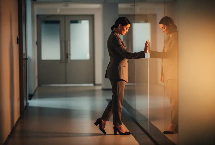 Vrouw in getailleerd blazer pauzeert nadenkend in moderne kantoorgang, hand tegen glazen wand, warm amberkleurig zijlicht.
