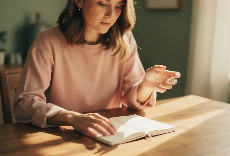 Vrouw aan een zonnig houten bureau, hand aarzelend boven een open dagboek, in warm middaglicht met zachte crème en rozetinten.