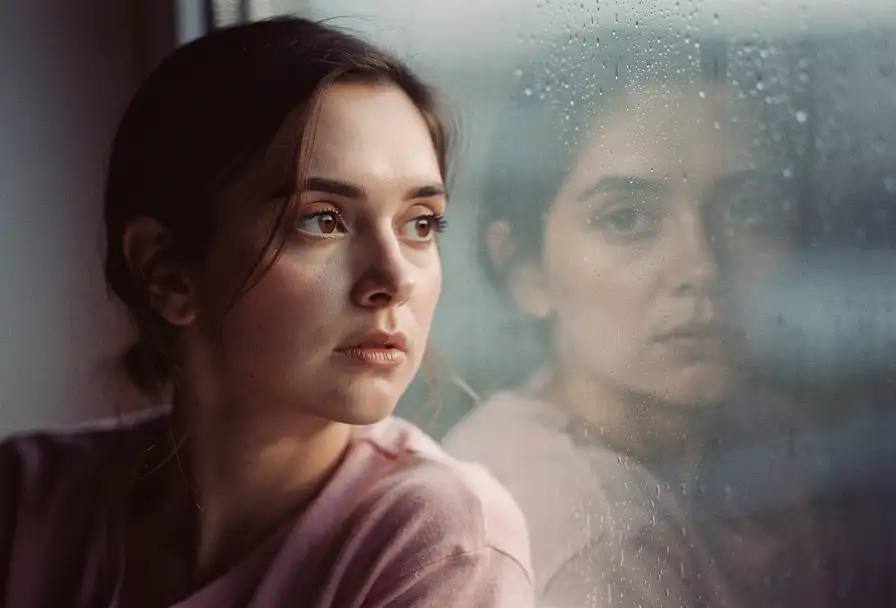 Vrouw staart peinzend naar haar spiegelbeeld in een regendruppels bedekt raam, warm binnenlicht contrasteert met grijze daglicht buiten.
