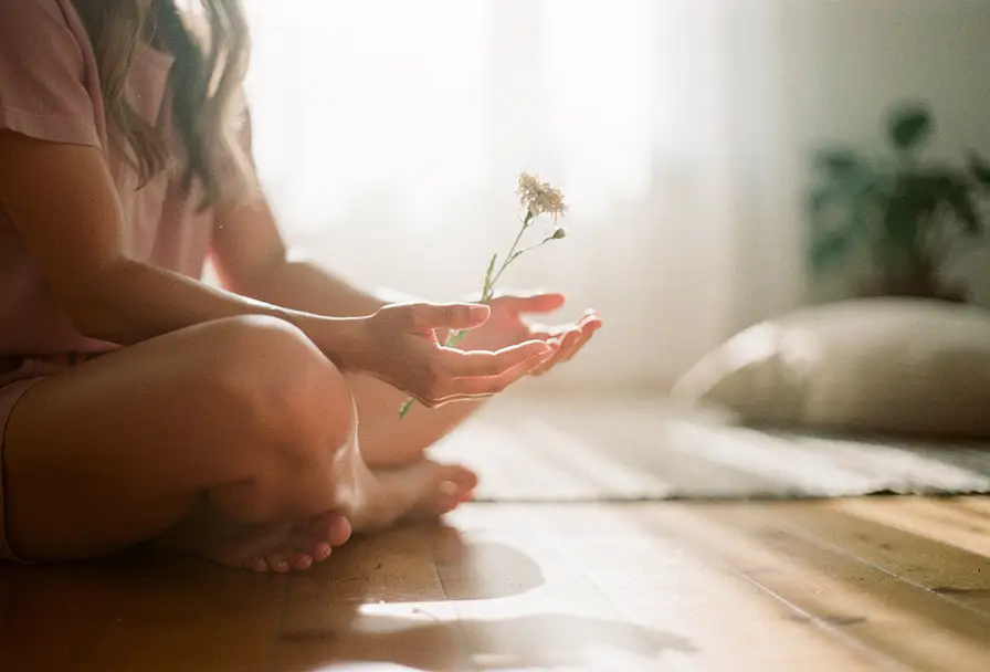 Vrouw zittend op houten vloer houdt voorzichtig een wilde bloem in open handpalmen, zacht goudkleurig licht door transparant gordijn.