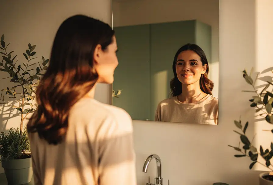 Vrouw bij zonspiegel in minimalistische ruimte met crème en saliegroen, omringd door botanische elementen in warm ochtendlicht.