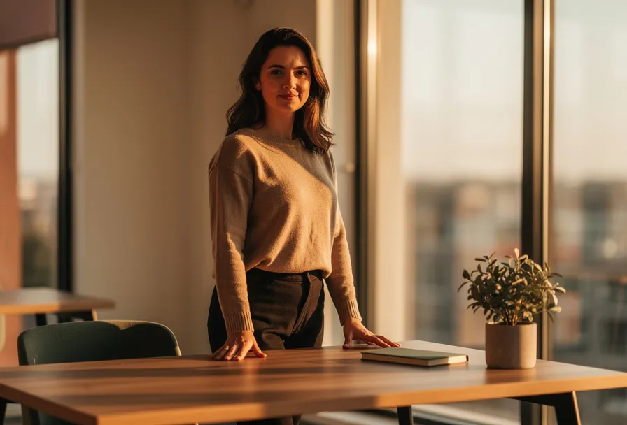 Zelfverzekerde vrouw bij zonnig raam in modern Amsterdams kantoor, handen op houten bureau, warm ochtendlicht op haar gezicht.