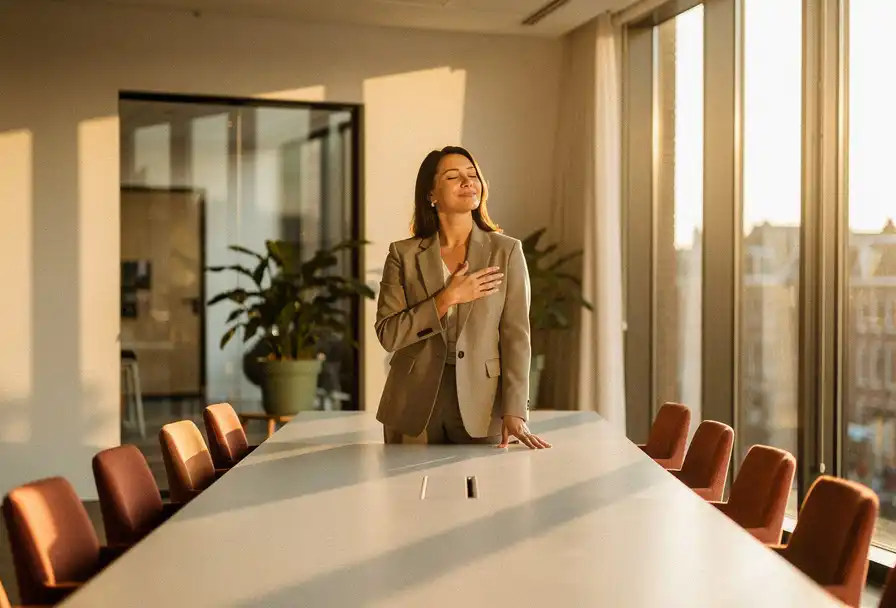 Zelfverzekerde vrouw in blazer aan vergadertafel in Amsterdam, ogen gesloten, hand op borst, warm natuurlijk licht.