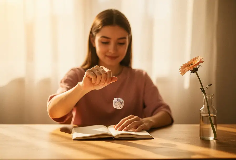 Vrouw laat verfrommeld papiertje los aan houten bureau met open notitieboek en bloem, warm ochtendlicht door gordijnen.