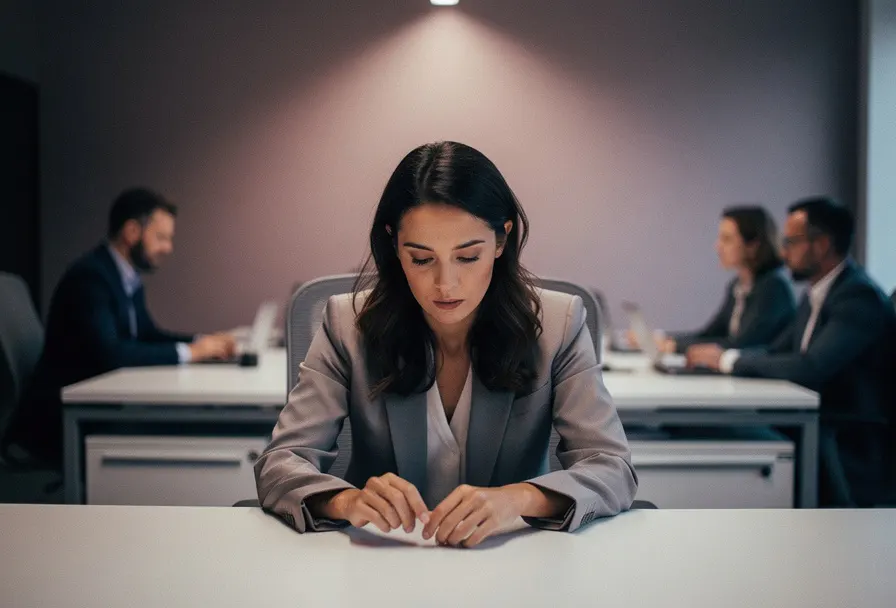 Vrouw aan modern bureau met gebogen schouders en neergeslagen blik, collega's op de achtergrond, sfeer van stille isolatie op de werkvloer.
