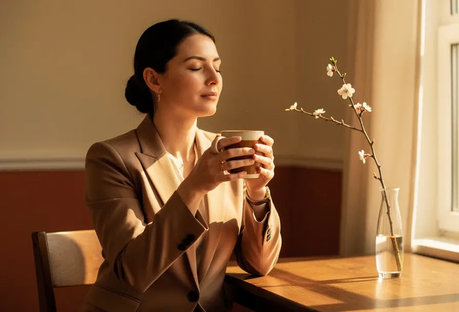 Professionele vrouw in blazer houdt rustend een warme mok vast aan een houten bureau in gouden ochtendlicht, ogen gesloten in stille zelfreflectie.