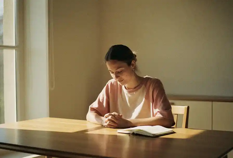 Vrouw aan houten bureau in stille overpeinzing, hoofd gebogen, open dagboek naast haar, zacht middaglicht door hoog raam.