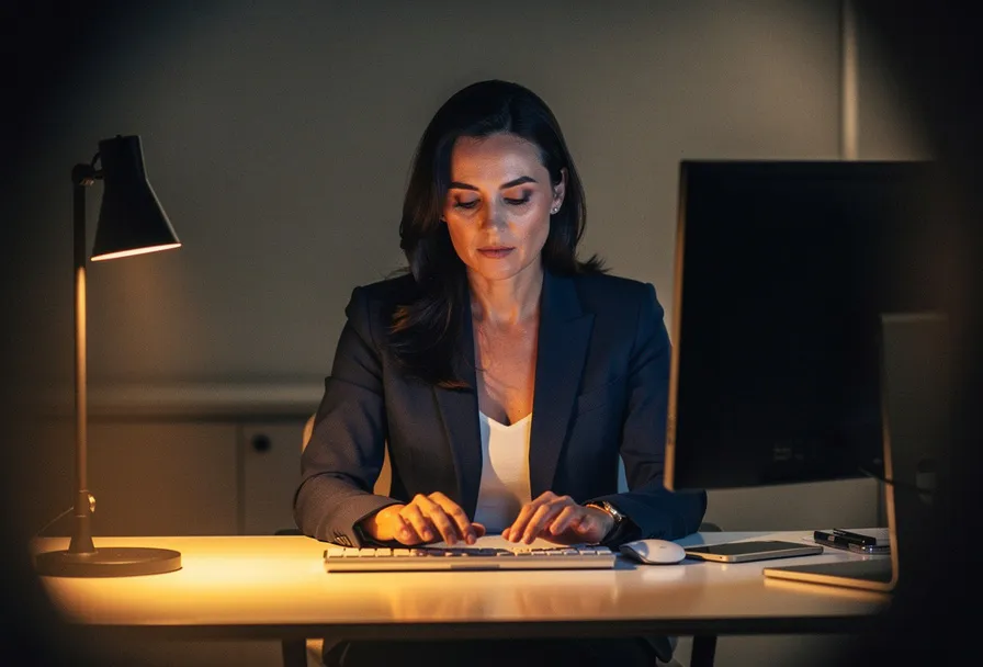 Professionele vrouw in kantoorkleding zit bevroren achter modern bureau, handen boven toetsenbord, blik neergeslagen, warm amberkleurig lamplicht.